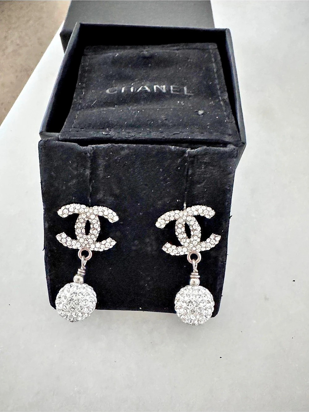 Chanel Crystal CC Disco Ball Drop Earrings, Silver